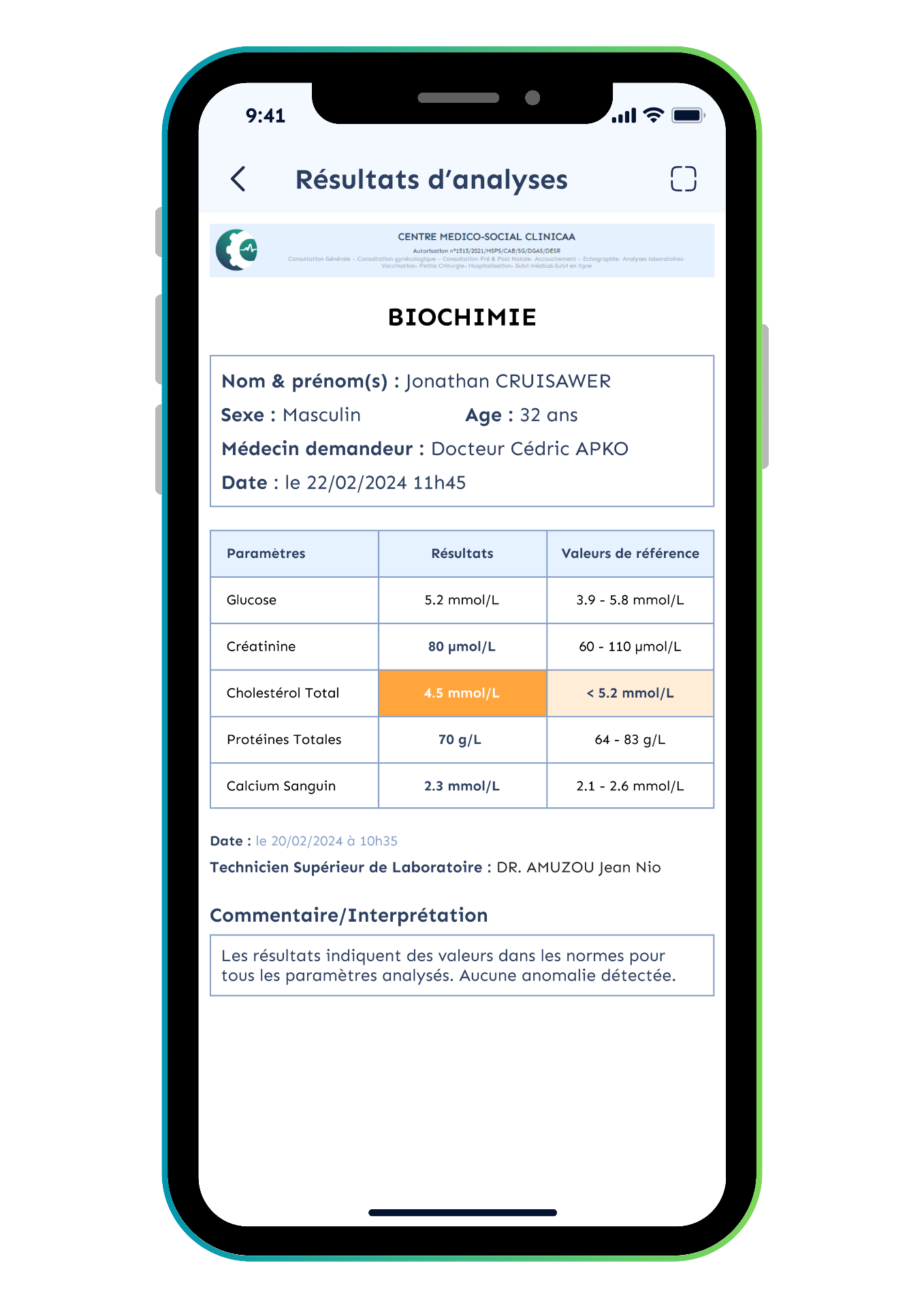Résultats d'analyses médicales